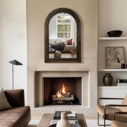 Arched Bathroom Mirror, 45"x30" Brown Wood Frame Wall Mirror