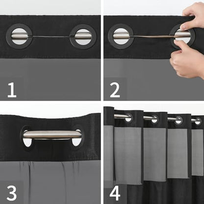 eachope No Hooks Needed Linen Textured Shower Curtain with Snap-in Fabric Liner Set,Black Hotel Luxury Decor Shower Curtains for Bathroom with Mesh Top Window,Waterproof & Washable,71Wx74H