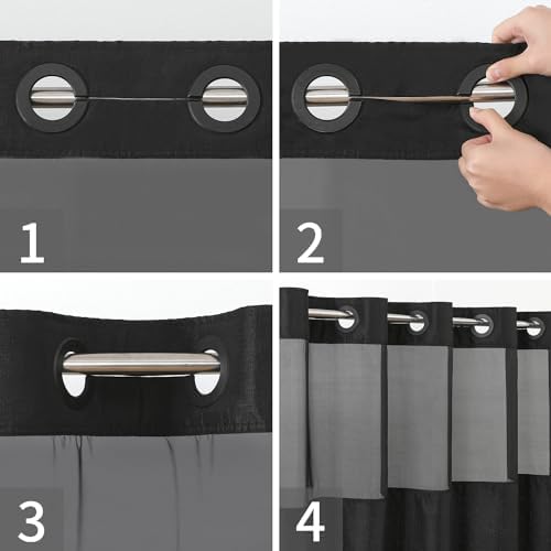 eachope No Hook Linen Texture Shower Curtain with Snap-in Liner,71x86 Black