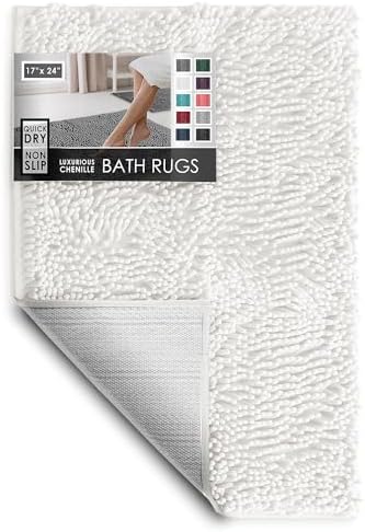 Hearth & Harbor Bathroom Rugs, Chenille Bath Mat - Machine Washable Bath Mats for Bathroom Non-Slip Backing Rubber, Quick Dry Bathroom Mat - Off-White Bath Rug, 17x24