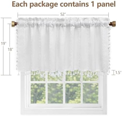 Seenus White Boho Farmhouse Valance Curtain with Tassels, 52 x 18 inch Linen Textured Window Curtain for Living Room, Striped Light Filtering Valance for Kitchen Bedroom Bathroom Rod Pocket