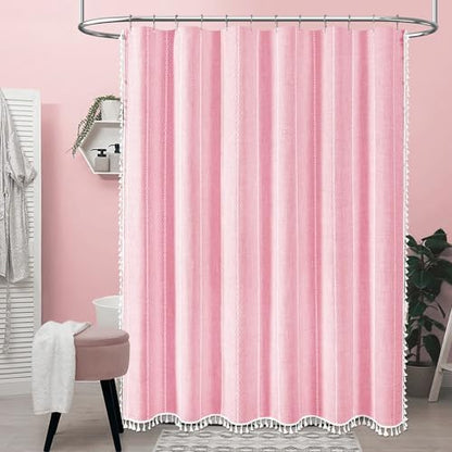 BTTN 72x84 Long Boho Farmhouse Linen Heavy Duty Shower Curtain, Blush Pink