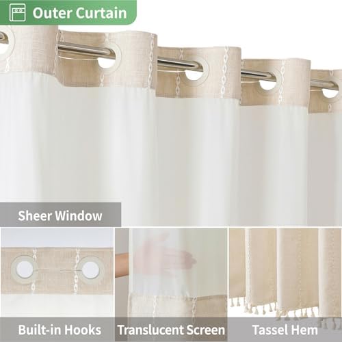 eachope No Hook Stall Shower Curtain with Snap-in Fabric Liner - 54x80 Heavy-Duty Linen Textured Striped Design,Narrow Rustic Modern Farmhouse Bohemian Bathroom Curtain,Water-Repellent,Cream/Beige