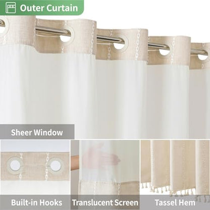 eachope No Hook Stall Shower Curtain with Snap-in Fabric Liner - 54x80 Heavy-Duty Linen Textured Striped Design,Narrow Rustic Modern Farmhouse Bohemian Bathroom Curtain,Water-Repellent,Cream/Beige