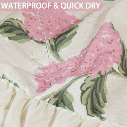 ORTIGIA Linen Textured Ruffle Shower Curtain with Metal Hooks, Vintage Pink Hydrangea Floral Boho Waterproof Bath Curtain for Rustic Farmhouse Bathroom Decor 72x72 Inch