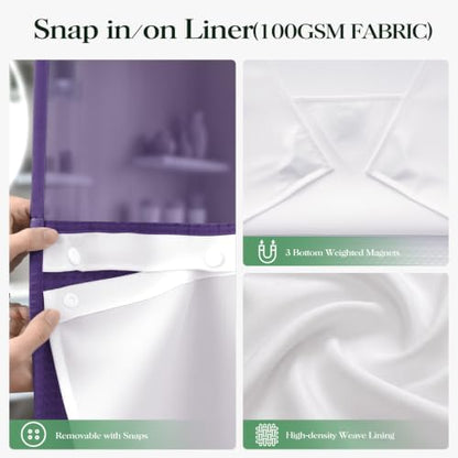 Dynamene Purple Hook Free Waffle Shower Curtain & Snap Fabric Liner,72x75