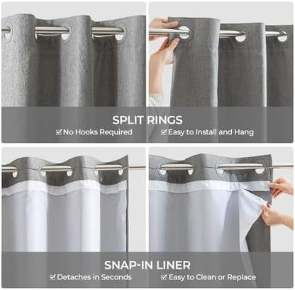 River Dream Linen Textured No Hooks Shower Curtain with Liner,Grey,71x74