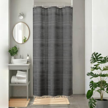 OVZME Boho Stall Shower Curtain, Narrow Soft Fabric Striped Textured Bathroom Shower Curtain with Tassel, Modern Farmhouse Machine Washable Bath Decor, 36Wx72L Inches, Charcoal Grey