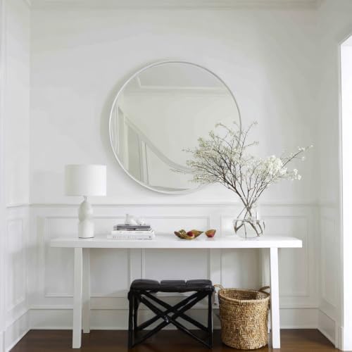 Sunniry White Circle Mirror 34 inch, Round Wall Mirror, Matte Metal Frame
