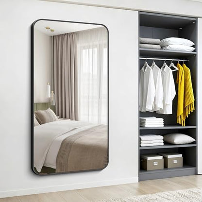 Black Bathroom Mirror, 66x36 inch Aluminum Metal Frame Rectangular Vanity Mirror, Large Wall Mounted Rectangle Mirrors with Rounded Corner for Over Sink Bedroom Living Room Horizontal/Vertical