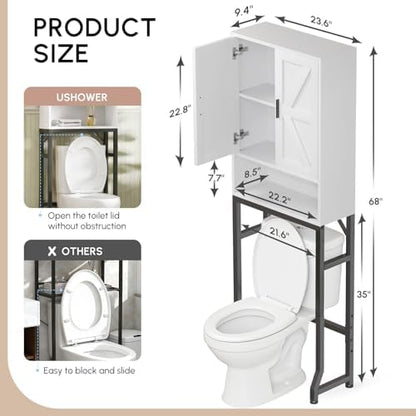 USHOWER White Over The Toilet Storage Cabinet with Barn Doors