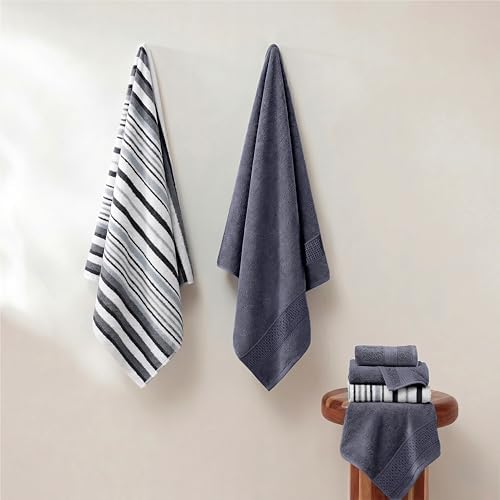 Modern Threads 6 Piece Bath Towel Set – Bathroom Towel Set with 2 Bath Towels, 2 Hand Towels & 2 Washcloths – 100% Cotton, Soft & Absorbent – Wide Stripe (Blue)