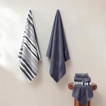 Modern Threads 6 Piece Bath Towel Set – Bathroom Towel Set with 2 Bath Towels, 2 Hand Towels & 2 Washcloths – 100% Cotton, Soft & Absorbent – Wide Stripe (Blue)