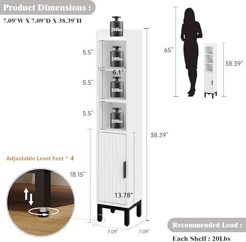 FerniTry Small Bathroom Storage Cabinet, Corner Floor Cabinet with Door and Shelves, Narrow Toilet Paper Cabinet, Bathroom Organizer with Adjustable Shelf for Small Spaces, White, 5-Tier
