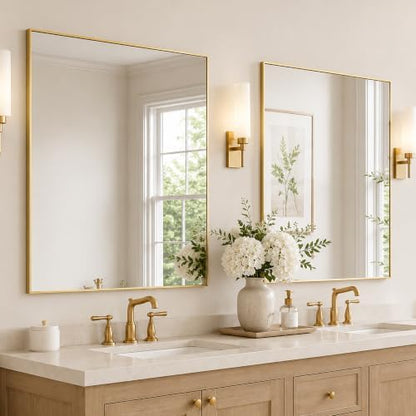 30"x36" Brushed Gold Framed Rectangle Bathroom Vanity Wall Mirror