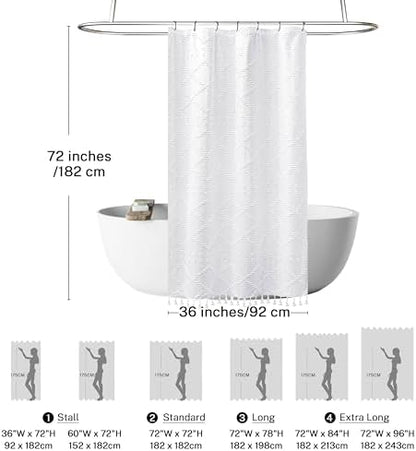 Siiluminisoy Small Stall Boho Shower Curtain White Tassle Woven Fabric Shower Curtain 36 x 72 Half Size Tufted Chevron Striped Textured Modern Farmhouse Minimalist Cloth for Bathroom
