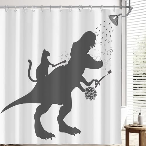 Funny Dino Dinosaur Cat Kids Boy Fun Shower Curtain for Bathroom 72W*72H Inch Trex Raptor Silhouette Bathing Cartoon Animal Shadow Bathtub Decor Teen Cute Waterproof Polyester Fabric Set with 12 Hooks