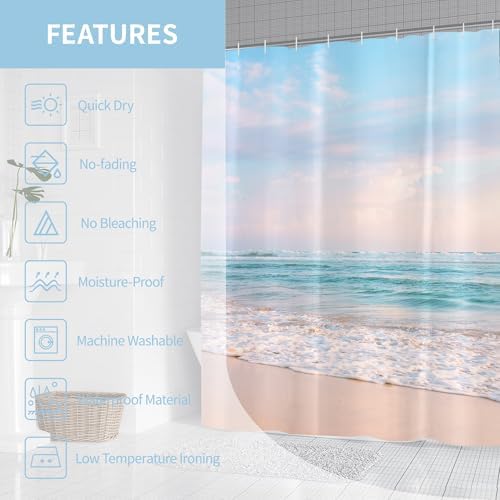 Ocean Beach Coastal Seaside Shower Curtain for Bathroom 72W*72H Inch Nautical Summer Seacoast Beachy Waves Bathtub Decor Seascape Neutral Waterproof Polyester Fabric Set with 12 Hooks