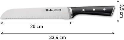 Tefal Ice Force Stainless Steel Bread Knife - 20cm - Serrated Edge, Long Lasting Performance - K2320414, Silver/Black