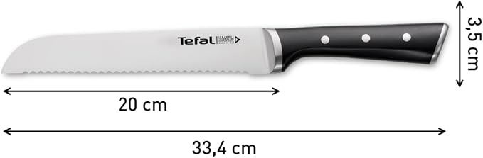 Tefal Ice Force Stainless Steel Bread Knife - 20cm - Serrated Edge, Long Lasting Performance - K2320414, Silver/Black