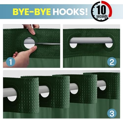 No Hook Waffle Shower Curtain with Snap in Liner Set, 71x74, Dark Green