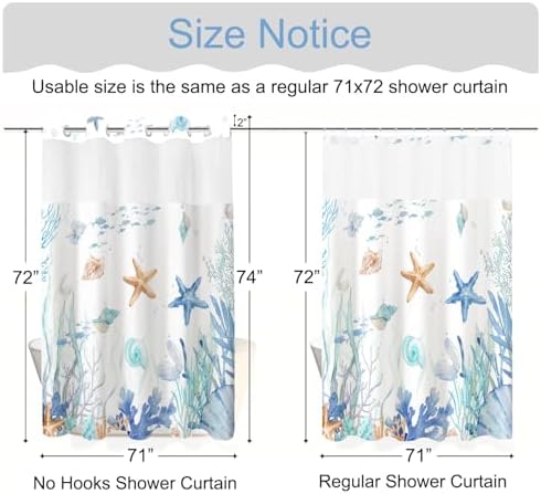 No Hook Shower Curtain and Liner Set, Watercolor Blue Beach Coastal 71x74