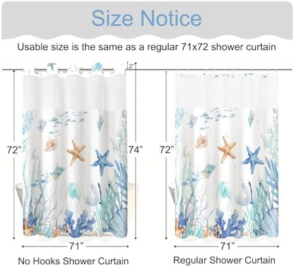 No Hook Shower Curtain and Liner Set, Watercolor Blue Beach Coastal 71x74