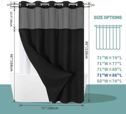 eachope No Hook Long Waffle Shower Curtain, Snap-in Liner, 71x86 in,Black