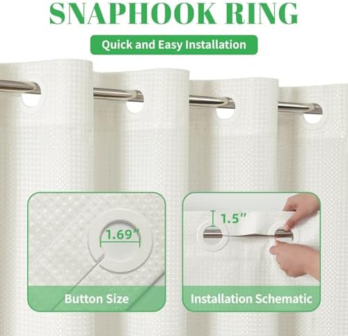 No Hook long Waffle Shower Curtain, No Liner Needed, 71x86 Inch, Cream