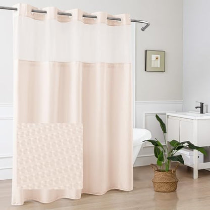 Mrs Awesome No Hook Shower Curtain with Snap-in Liner, Embossed Waffle Design Fabric Shower Curtain for Bathroom, Soft & Lightweight, 71x74, Pink