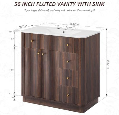 T4TREAM 36" Fluted Bathroom Vanity with Single Sink, Dark Walnut