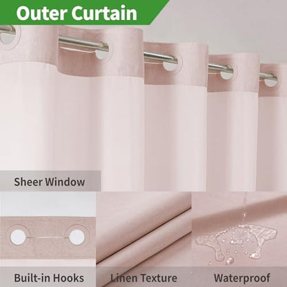 eachope No Hook Linen Texture Shower Curtain with Snap-in Liner,54x74 Blush