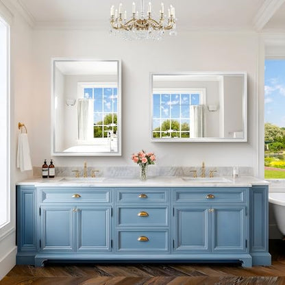42x30 Silver Bathroom Mirror, Brushed Silver Rectangular Mirror for Wall, 0.6" Thickened Deep Frame Mirrors for Bathroom Sink, Shatterproof Tempered Glass, Antirust, Horizontally or Vertically