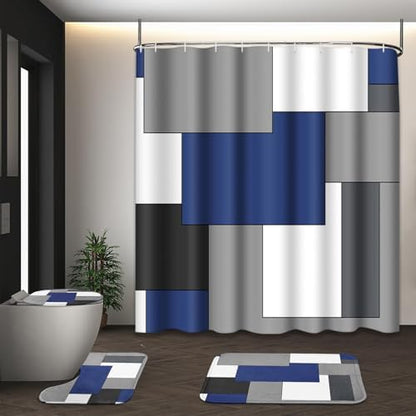 Bathroom Sets with Shower Curtain and Rugs, 4 Pcs, Geometric Navy