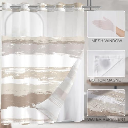No Hook Shower Curtain with Liner, Brown Stripe, 71x84 Inch