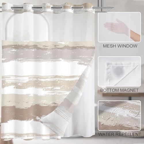 No Hook Shower Curtain with Liner, Brown Stripe, 71x77 Inch
