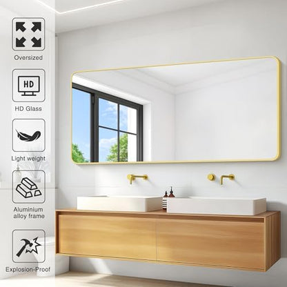 30"x60" Gold Bathroom Mirror, Large Rectangle Wall Mounted Mirror with Rounded Corner, Aluminum Metal Frame Vanity Mirror for Bathroom Bedroom Living Room