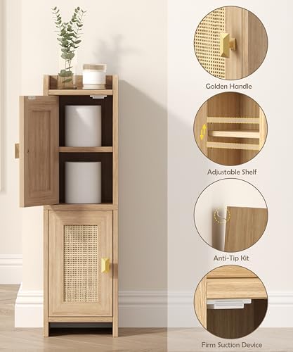 Akxomel Rattan Small Bathroom Cabinet Narrow Toilet Paper Organizer Oak