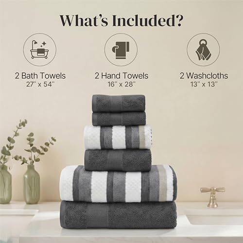 Modern Threads 6 Piece Bath Towel Set – Bathroom Towel Set with 2 Bath Towels, 2 Hand Towels & 2 Washcloths – 100% Cotton, Soft & Absorbent – Wide Stripe (Gray)