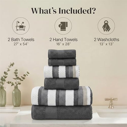 Modern Threads 6 Piece Bath Towel Set – Bathroom Towel Set with 2 Bath Towels, 2 Hand Towels & 2 Washcloths – 100% Cotton, Soft & Absorbent – Wide Stripe (Gray)