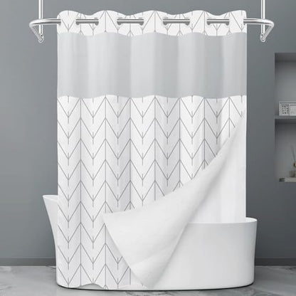 LXBNI Herringbone No Hook Shower Curtain with Liner, Grey White 71 x 74