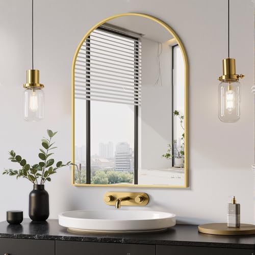 Delma Arched Bathroom Mirror, Gold, 20"x30"