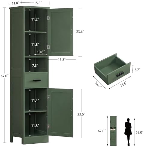 TEENFON 67" H Tall Bathroom Storage Cabinet with Barn Doors and Drawer