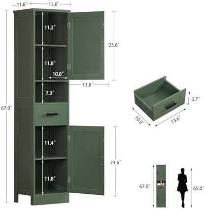 TEENFON 67" H Tall Bathroom Storage Cabinet with Barn Doors and Drawer