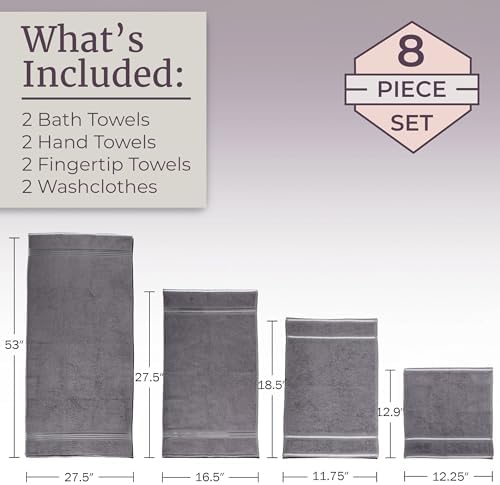 Lavish Home 8PC Bathroom Towels Set - 575GSM 100% Cotton Bathroom Essentials with 2 Bath Towels, 2 Hand Cloths, 2 Wash Cloths, and 2 Fingertip Fabric for Shower, Gym, Dorm and Spa (Silver)