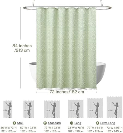 Extra Long Green Boho Shower Curtain - Woven Fabric Cute 84 Inch with Tassel, 72 x 84 Tufted Chevron Textured Striped Modern Farmhouse Minimalist for Bathroom