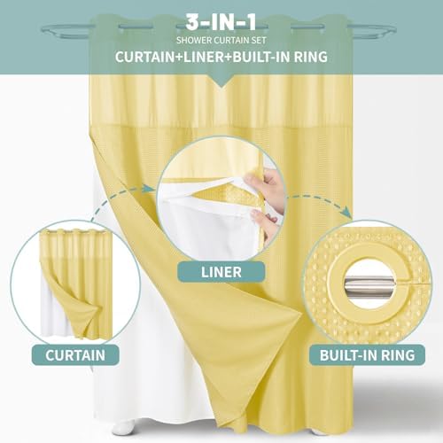 eachope No Hook Waffle Shower Curtain with Snap-in Liner, 71x80 Inch,Yellow