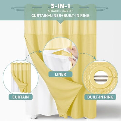 eachope No Hook Waffle Shower Curtain with Snap-in Liner, 71x80 Inch,Yellow