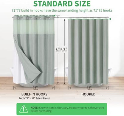eachope No Hook Fabric Shower Curtain with Snap-in Liner,71x77 Sage Green
