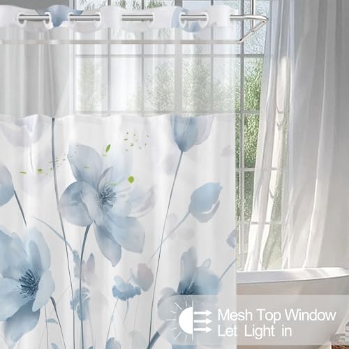 No Hook Shower Curtain and Liner Set, Blue Boho Floral 71x74